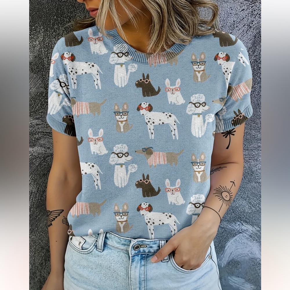302. Cute Cartoon Animal Print Knit T-Shirt - Soft, Breathable Summer Tee
